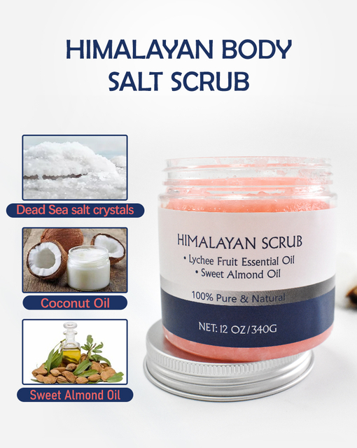 Custom Natural Exfoliating Himalayan Salt Body Scrub For Body and Face helps with Moisturizing Skin, Acne, Cellulite, Dead Skin Scars, Wrinkles