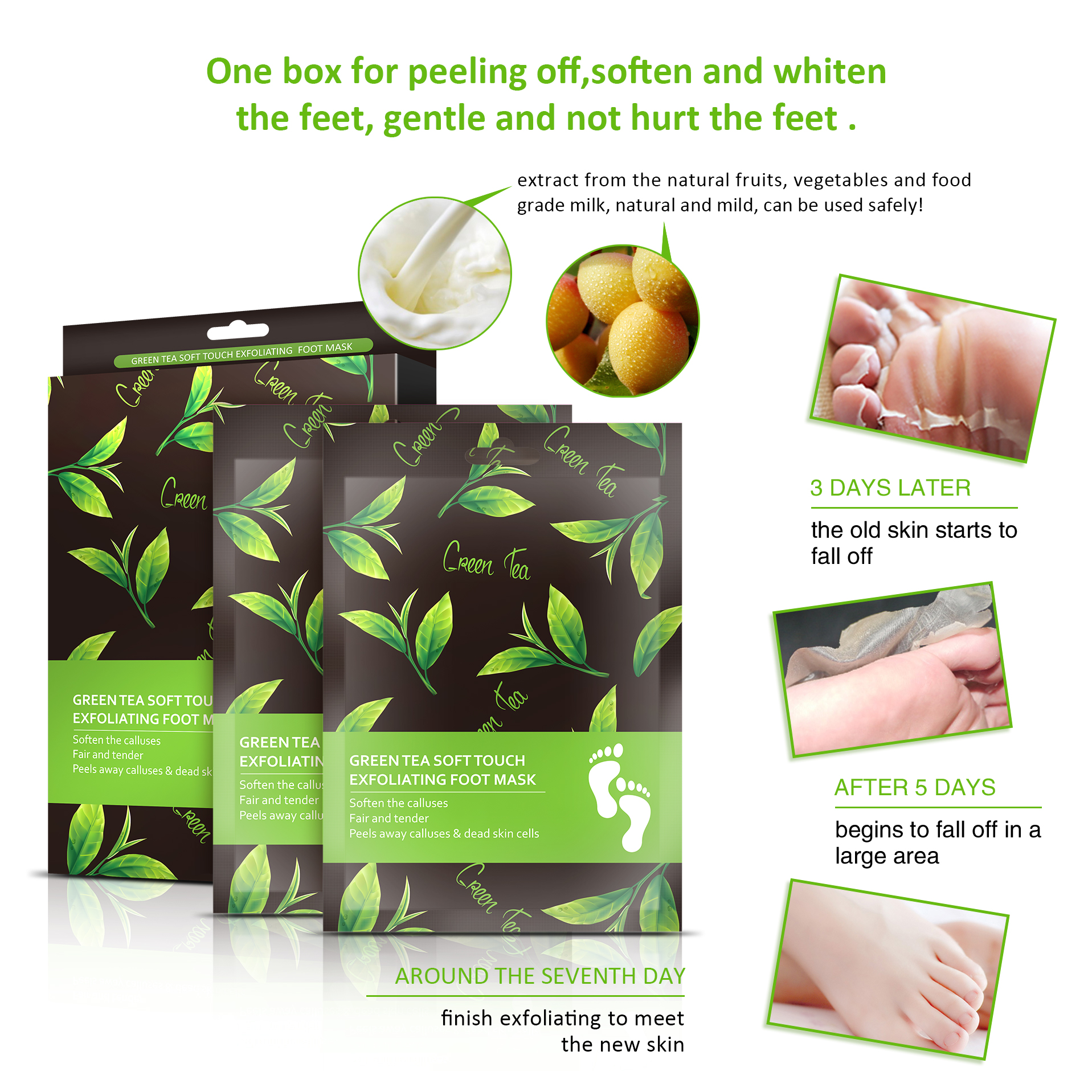 Green Tea Exfoliating Foot Peel Mask for Dry Cracked Feet By LIRAINHAN