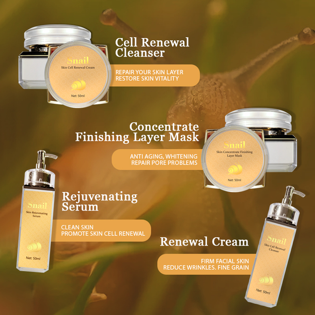Private Label Snail Age Defying Collection Sets , Cleanser +Finishing Layer Mask +Renewal Serum +Cream