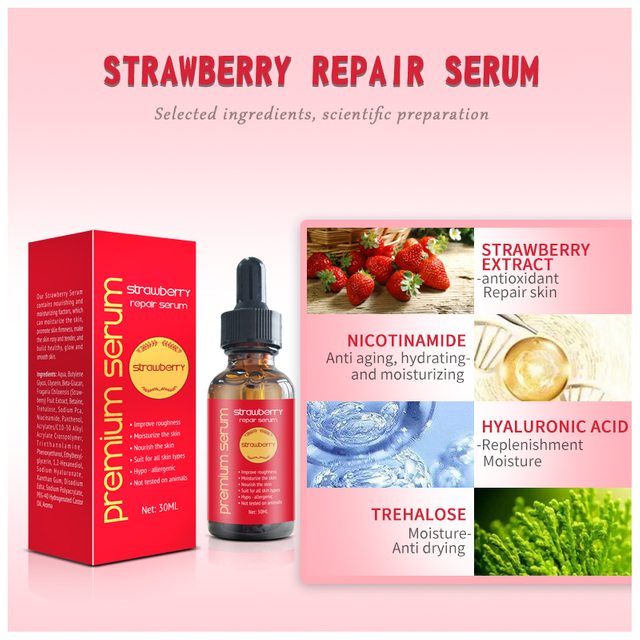 OEM ODM Strawberry-VC Brightening Facial Serum For Soothing & Reduces Excess Oil & Improves Skin Luminosity