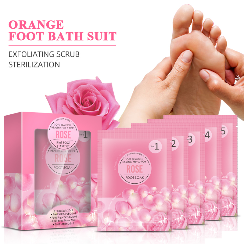 OEM ODM Foot Soak+Sugar Scrub+Foot Salt Scrub+Foot Mask+Foot Cream 5 Steps Rose Foot Jelly&Salt Set