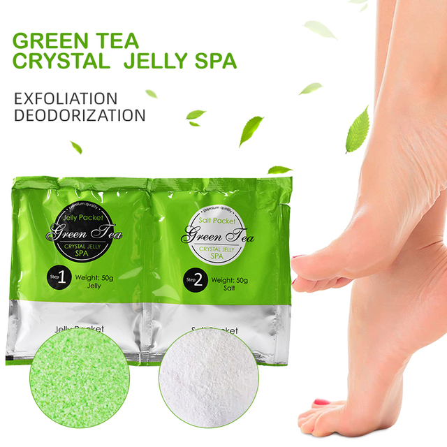 Custom Spa Exfoliating Detoxifying Foot Soak Relaxing Pedicure Foot Care Green Tea Foot Jelly+Salt 2 in 1 Set