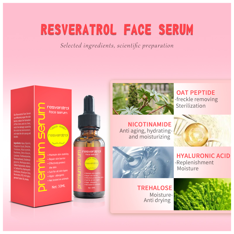 OEM ODM Resveratrol Firming Hydrating & Lifting Face Serum for Plumping Effect Anti-Aging and Restores Elasticity