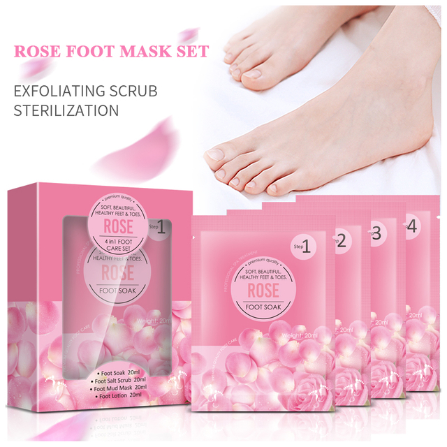 OEM ODM 4 IN 1 KIT Foot Jelly Soak+ Salt Scrub+Mud Mask+Moisturizing Cream Rose Foot Care Set