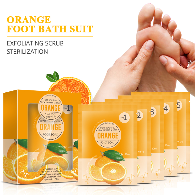 OEM ODM 5 Steps Orange Foot Jelly&Salt Set,20G Foot Soak+20G Sugar Scrub+20G Foot Salt Scrub+20G Foot Mask+20Foot Lotion