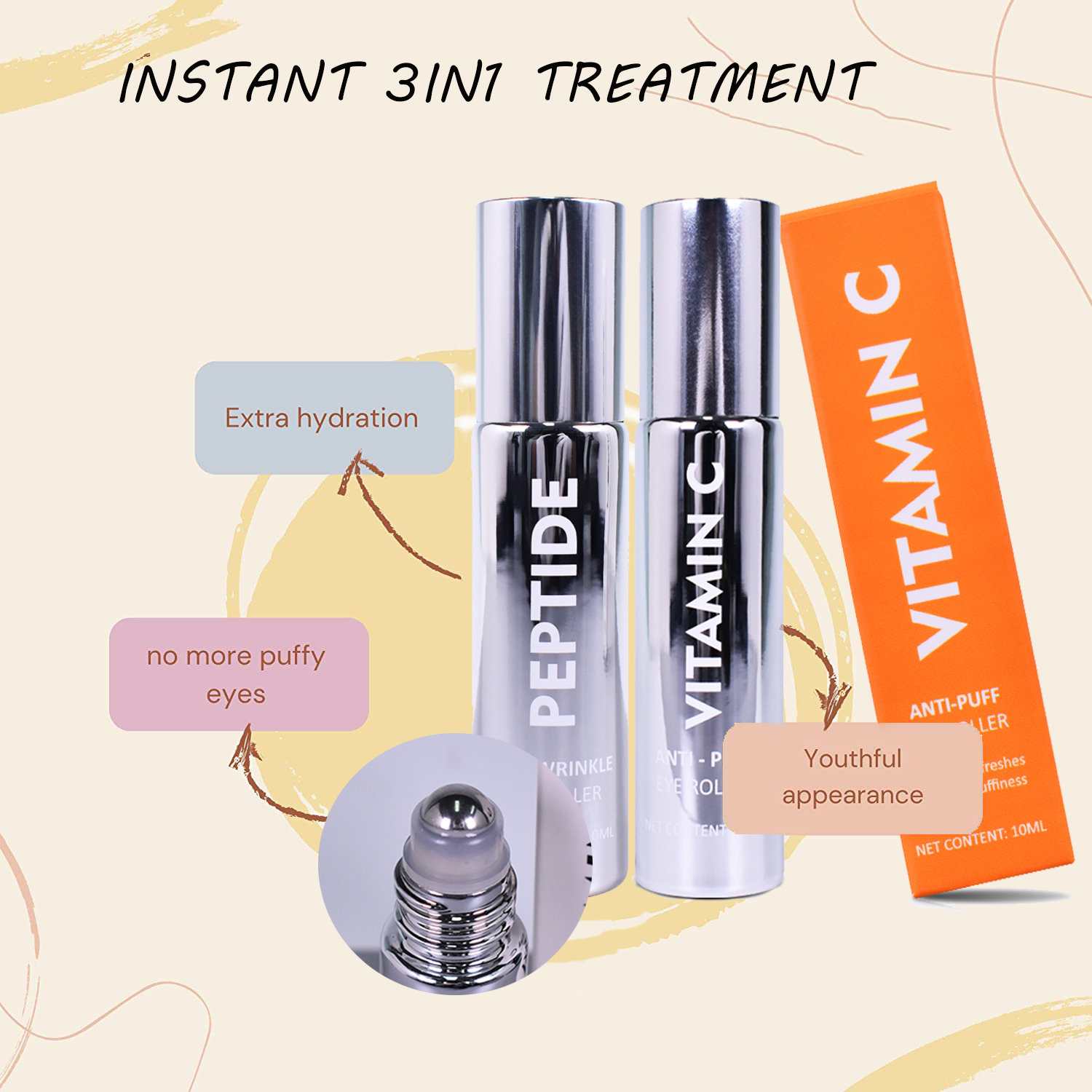 OEM ODM Vitamin C Under Eye Cream Roller Massage Ball for Fine Lines and Wrinkles Hydrates Brightens Under Eye Area