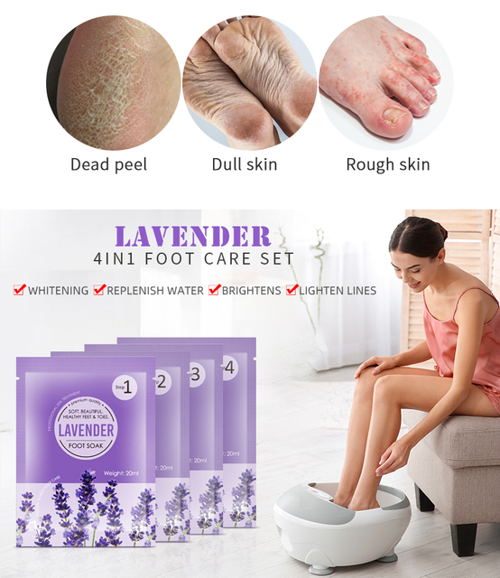 OEM ODM Foot Jelly Soak+ Salt Scrub+Mud Mask+Moisturizing Cream 4 Steps Lavender Foot Care Set