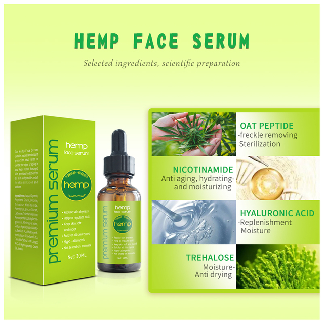 OEM ODM Hemp Face Serum For Natural Antioxidant, Anti-aging, Repairs Damaged Skin, Relieves Skin Irritation And Sunburn
