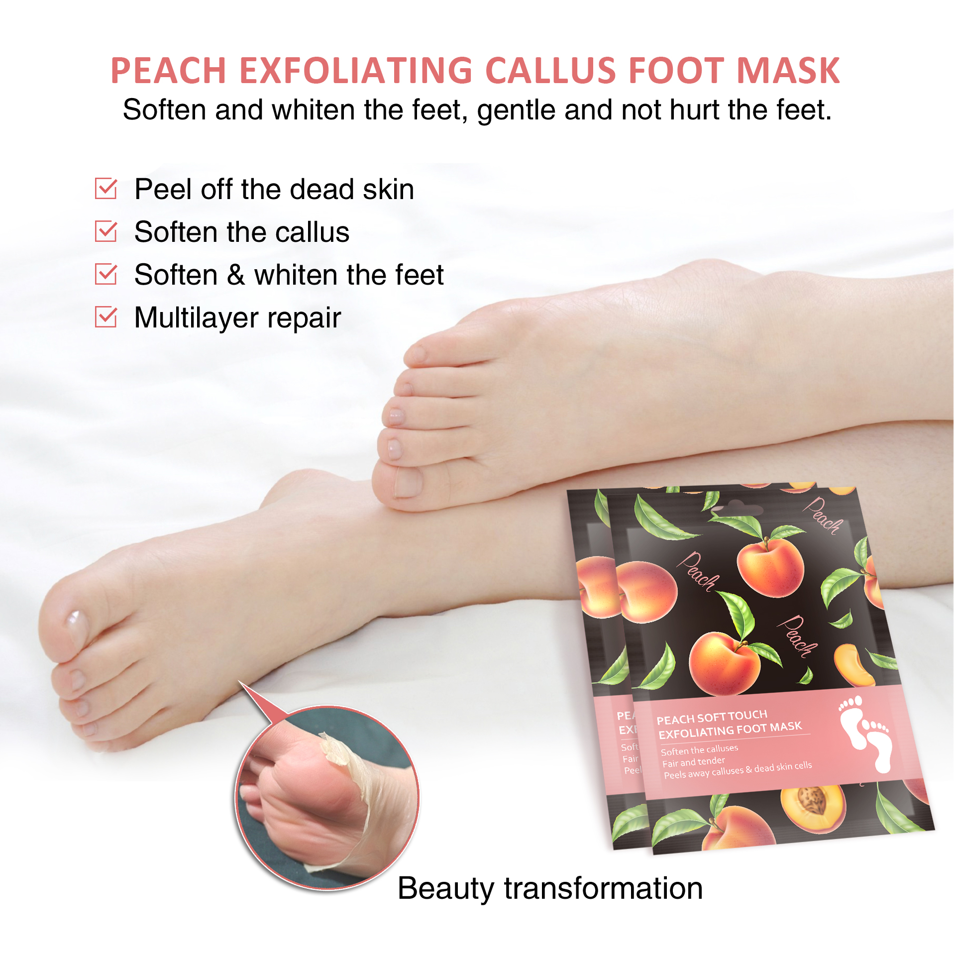 Factory Custom Peach Foot Dead Skin RemoverPeel Mask for Dry Cracked Feet 