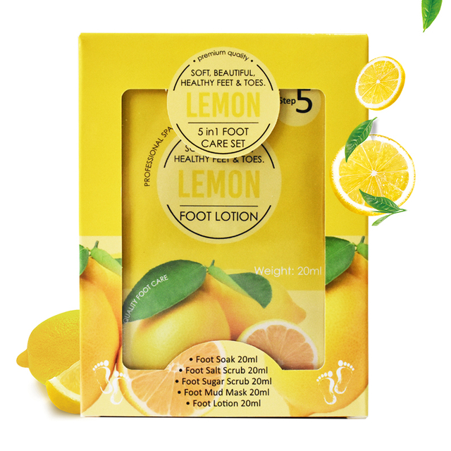 OEM ODM 5 Steps Lemon Foot Jelly&Salt Set,Foot Soak+Sugar Scrub+Foot Salt Scrub+Foot Mask+Foot Cream