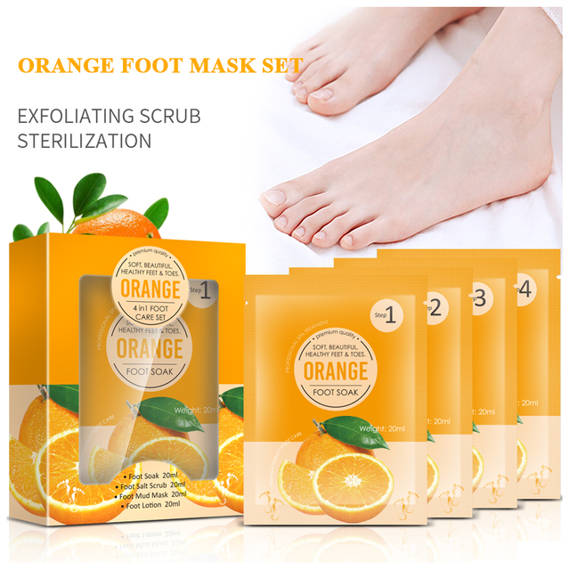 OEM ODM Foot Jelly Soak+ Salt Scrub+Mud Mask+Moisturizing Lotion 4Steps Orange Foot Care Set