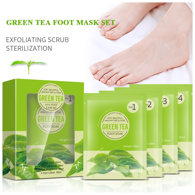 OEM ODM Foot Jelly Soak+ Salt Scrub+Mud Mask+Moisturizing Cream 4 Steps Green Tea Foot Care Set